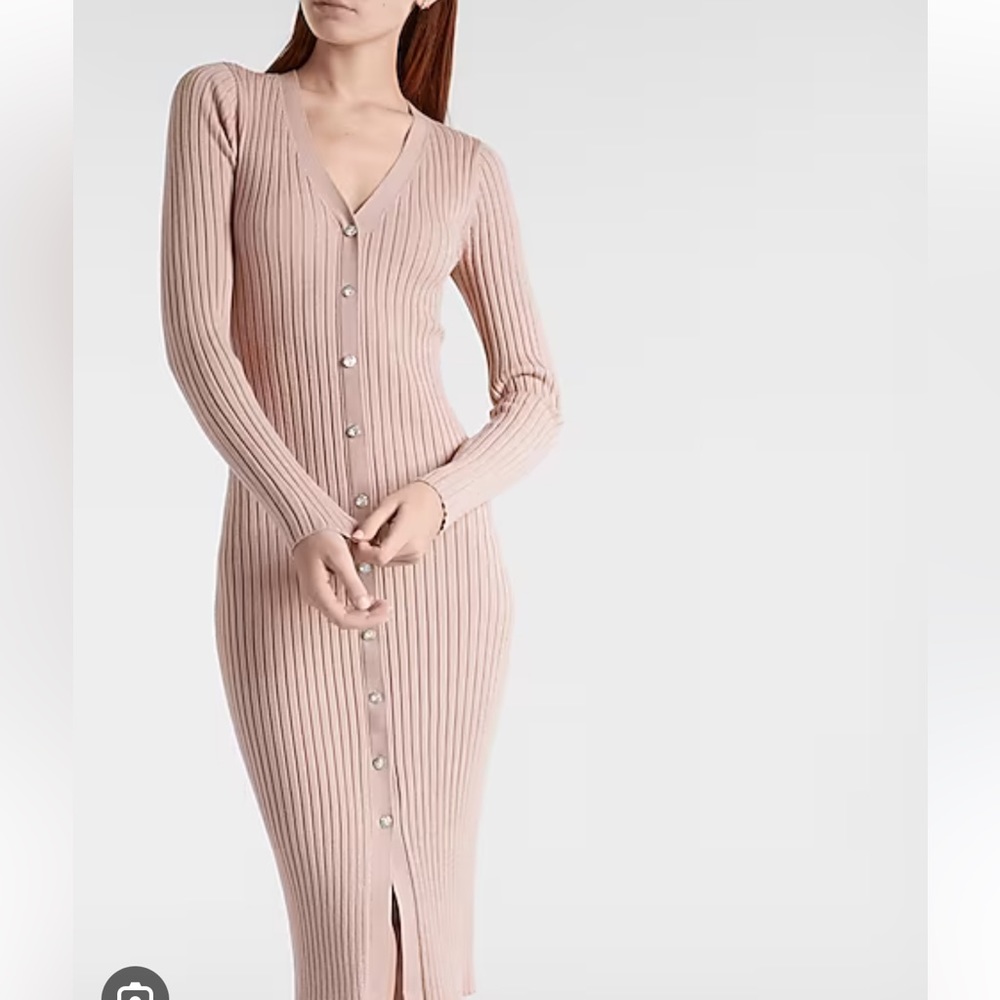 NWT Express Ribbed Jewel Button Front Midi Sweater Dress pink blush mauve Small